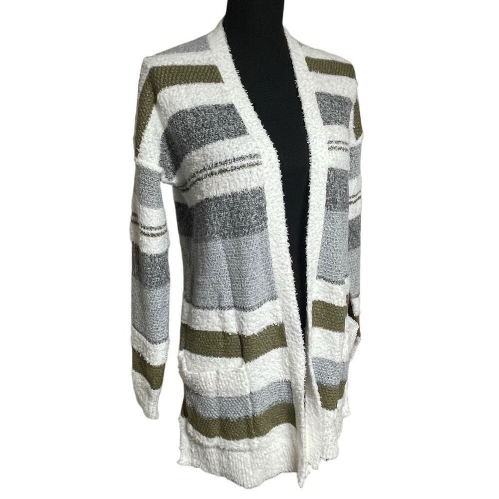 Pink Clover Gray and Green Striped Open Front Fuzzy Cardigan